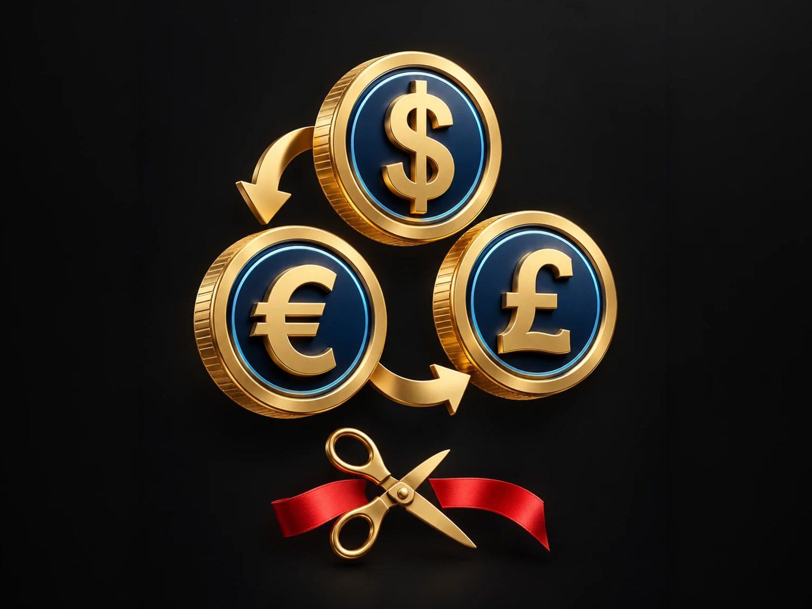 Dollar, euro and pound coins with scissors cutting a ribbon