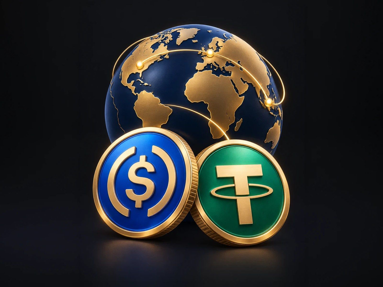 Globe with USDC and USDT coins