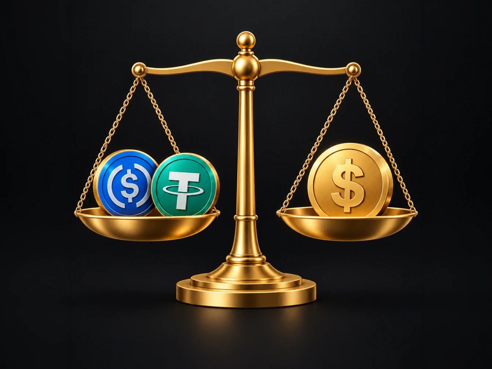 Golden scales balancing USDC and USDT against the US dollar